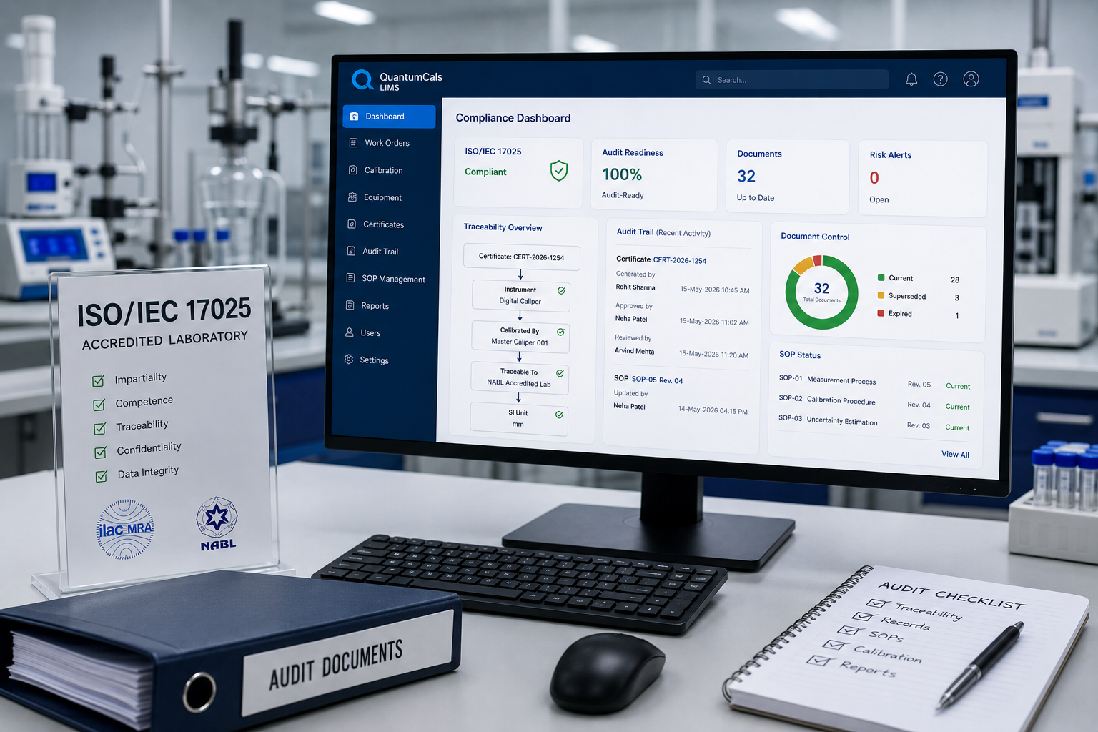 Digital interface highlighting ISO 17025 audit compliance metrics and data traceability