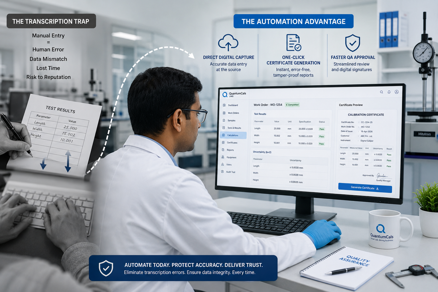 Laboratory technician working on automated software platform to prevent data entry errors