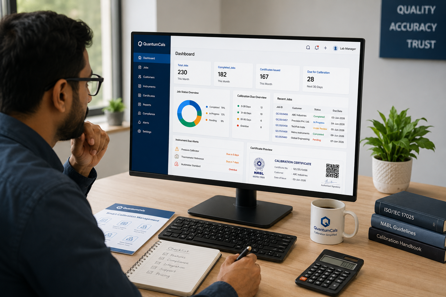 Calibration lab manager evaluating calibration software options on a dashboard