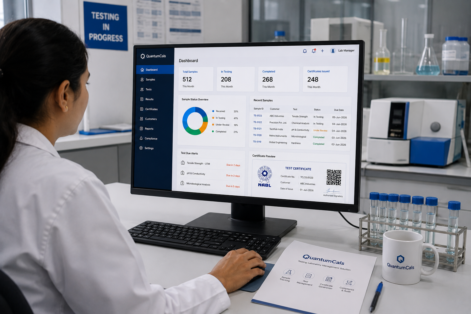 Testing lab software dashboard showing ISO 17025 sample tracking and certificate generation