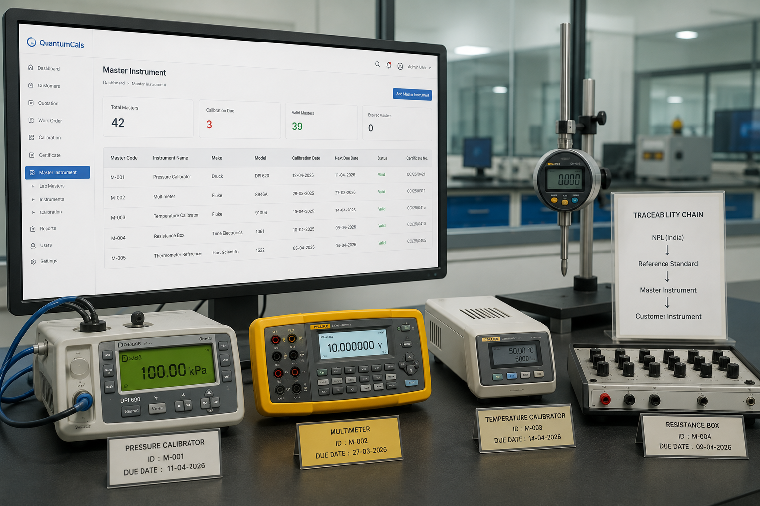 Master instrument traceability dashboard in QuantumCals LIMS for NABL and ISO 17025 calibration laboratories