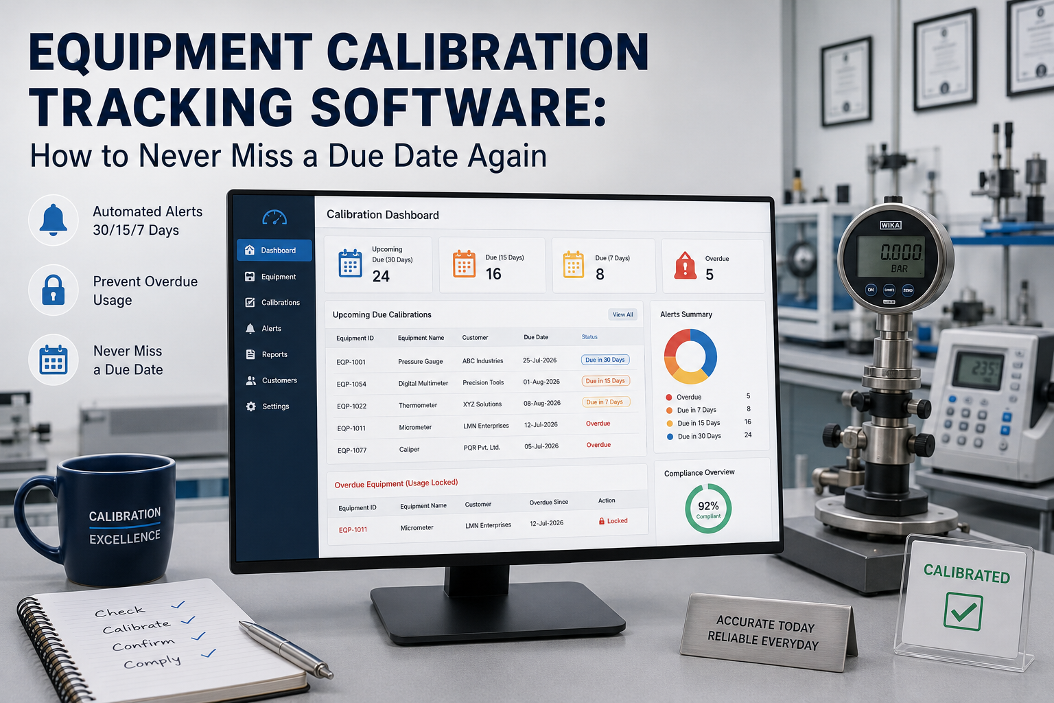 Equipment calibration due date tracking dashboard showing upcoming and overdue instrument alerts