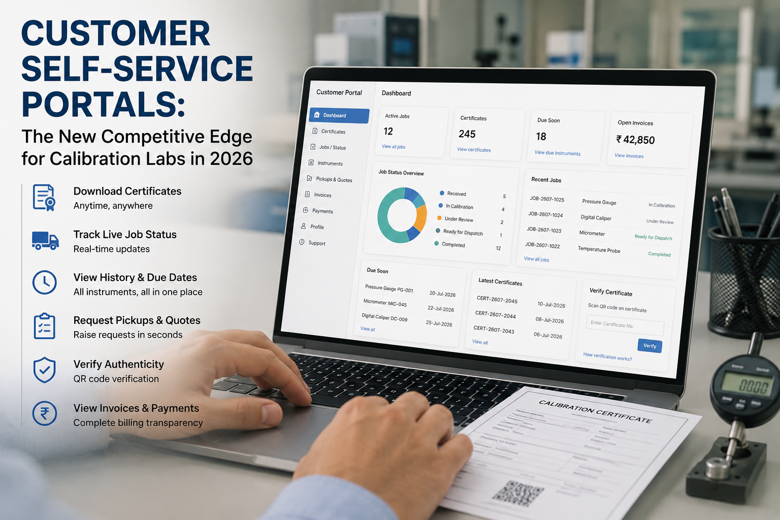Customer self-service portal showing certificate downloads and live job tracking for a calibration lab