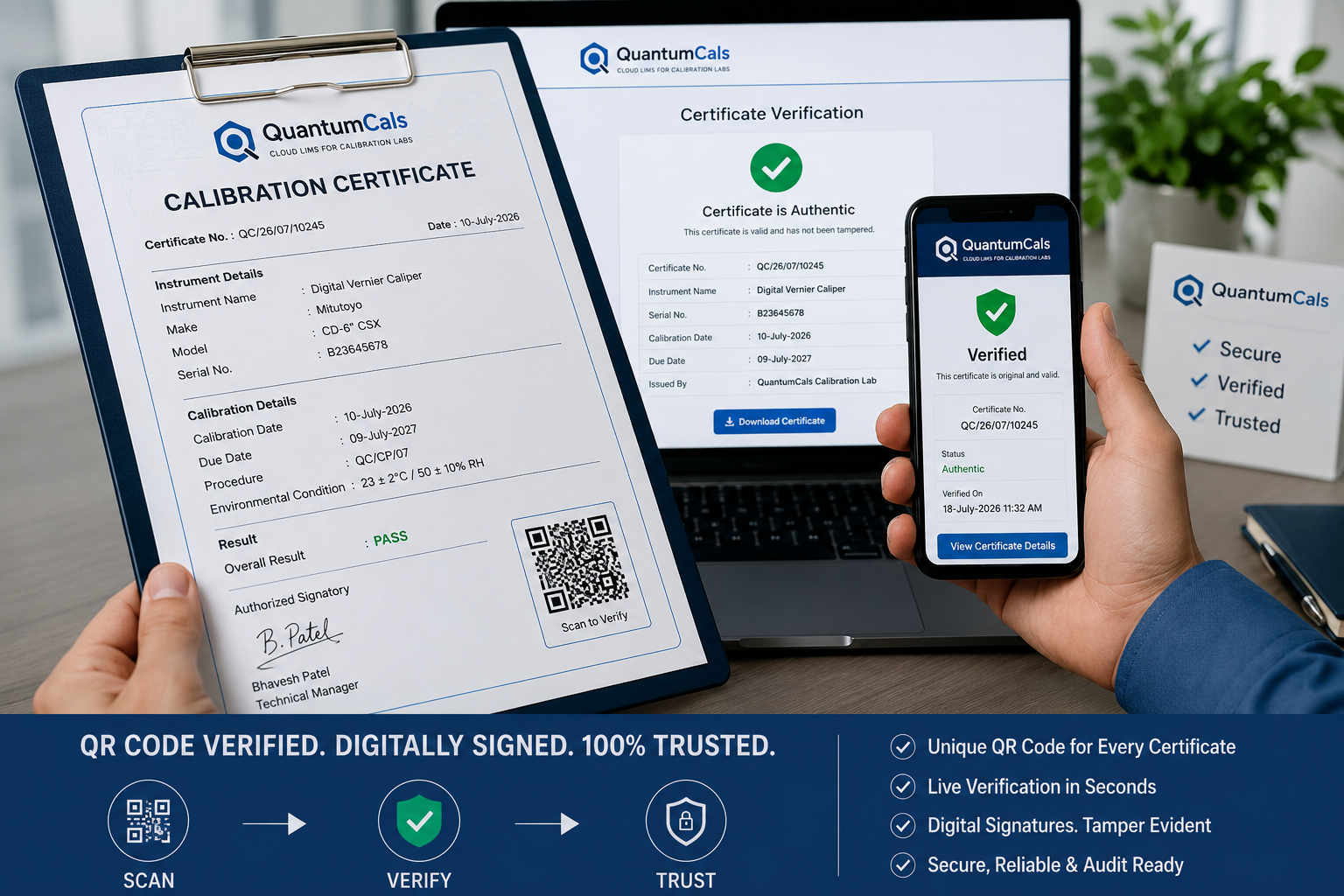 QR code verification screen confirming the authenticity of a digitally signed calibration certificate
