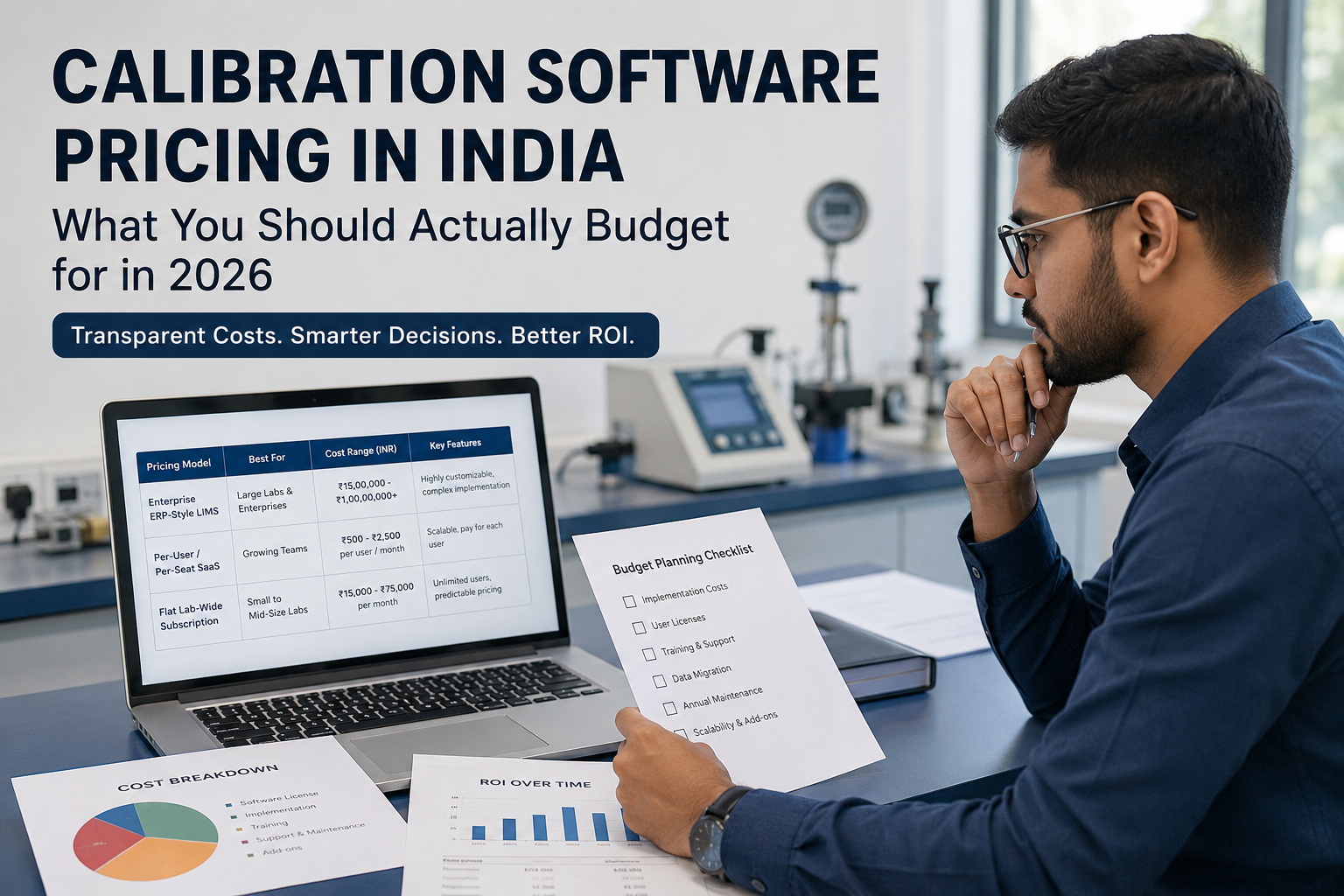 Lab manager reviewing calibration software pricing plans and budget comparison for 2026